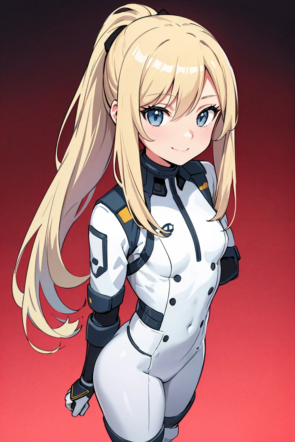 whole body,Standing posture, (alone,Beautifully arranged hair,,Blonde,ponytail,) (One girl, Small breasts,Lori), (beautifully drawn face:1.2) (Prison uniform,Sci-Fi Suit) A determined smile,Cool pose,(White background) 