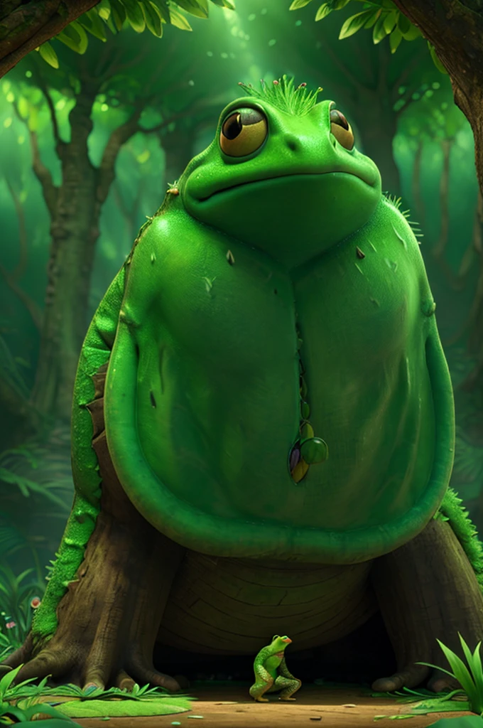 A giant frog prince in a magical beanstalk forest, cinematic lighting, realistic details, fantasy art, vibrant colors, intricate character design, highly detailed portrait, lush vegetation, dramatic atmosphere, breathtaking landscape, beautiful fantasy creature, powerful and majestic presence, glowing magical aura, exquisite textures, exaggerated proportions, stunning digital art