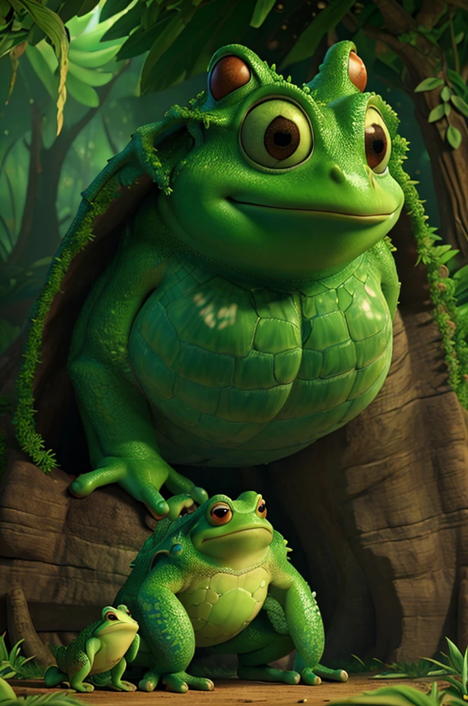 A giant frog prince in a magical beanstalk forest, cinematic lighting, realistic details, fantasy art, vibrant colors, intricate character design, highly detailed portrait, lush vegetation, dramatic atmosphere, breathtaking landscape, beautiful fantasy creature, powerful and majestic presence, glowing magical aura, exquisite textures, exaggerated proportions, stunning digital art