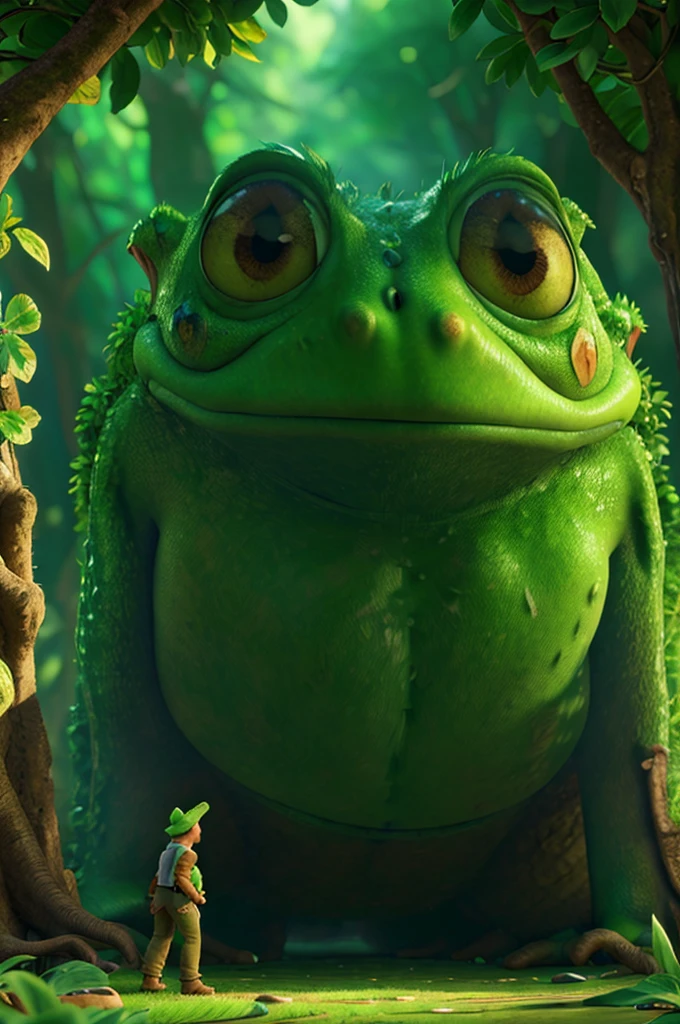 A giant frog prince in a magical beanstalk forest, cinematic lighting, realistic details, fantasy art, vibrant colors, intricate character design, highly detailed portrait, lush vegetation, dramatic atmosphere, breathtaking landscape, beautiful fantasy creature, powerful and majestic presence, glowing magical aura, exquisite textures, exaggerated proportions, stunning digital art