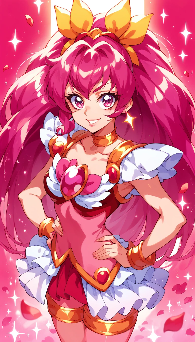 score_9, score_8_up, score_7_up, cure yell, night, ruined building, sparkles, glitters, multicolored background, shiny, glowing, lens flare, petals, pink background, pink theme,standing,put hands on hip,from front,glossy lips ,smile