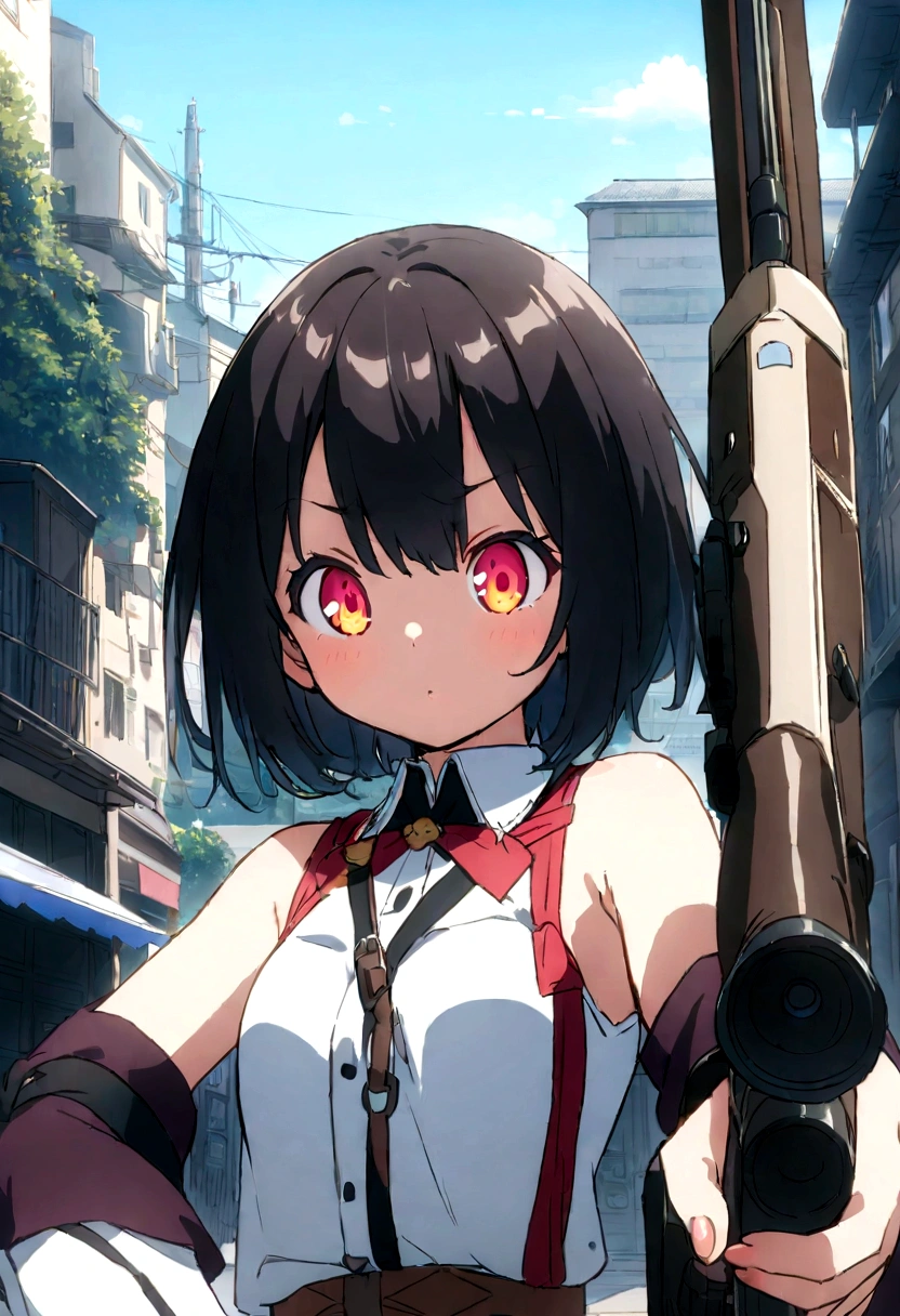 Character Design、Cool pose、重tank、KV-1、Personificationanime、tankのパーツ、mechanical、Armor、tankの艤装、tankの部品でできた服、tankの部品が付いた服、Highest quality、high resolution、Detailed Description、Detailed Background、Accurate depiction、tank、tank娘、Personification、tankのPersonification、animeスタイル、anime、girl、Hold a large caliber rifle、Black Short Hair、Sharp Eye、cute
