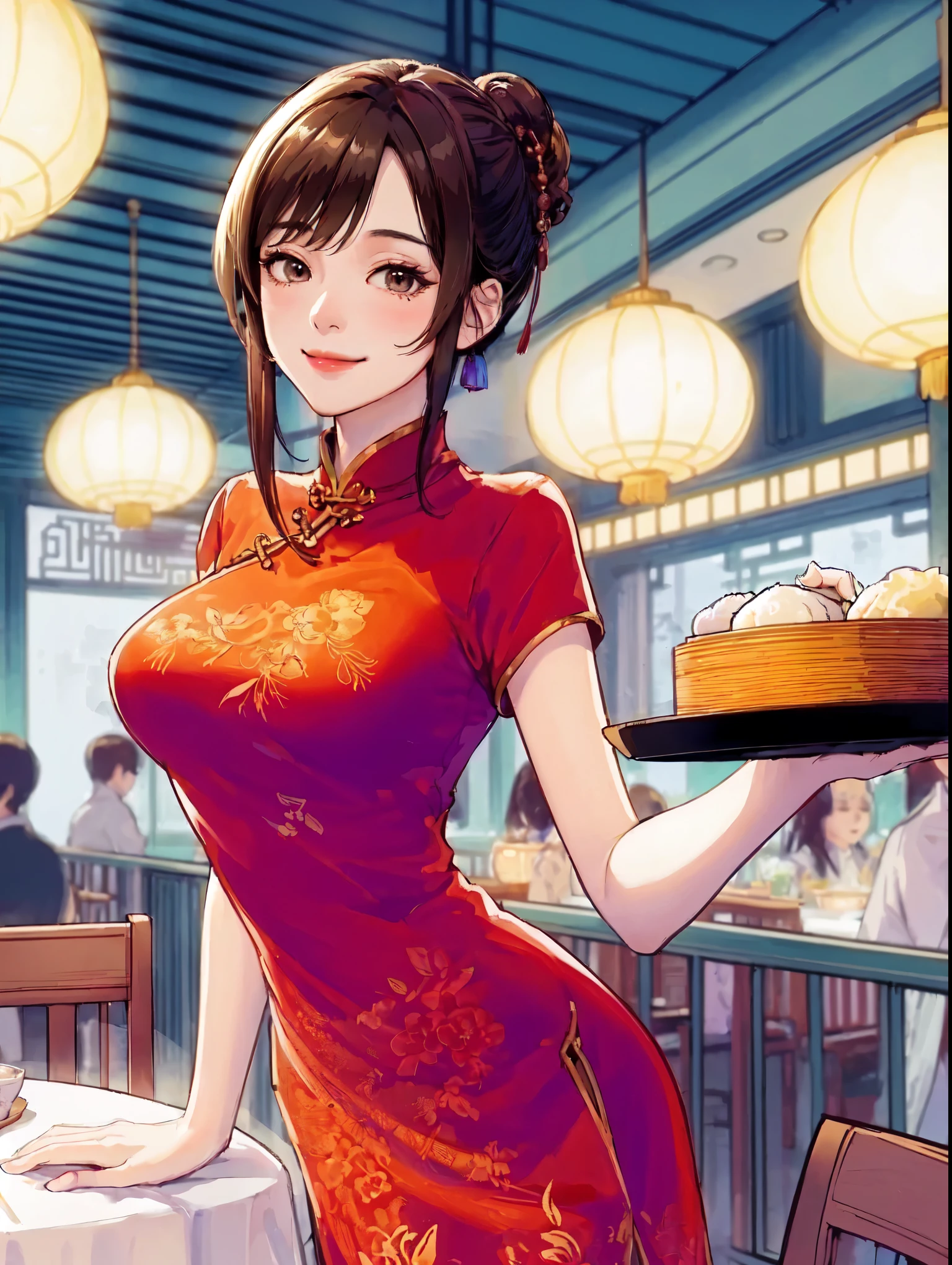 A beautiful woman, city,(standard silk cheongsam), (flower chignon), (gold embroidery thread), (slik), outdoor chinese restaurant, open mouth smile, ((black hair)), little blush, side, (breast), Reflecting the buttocks