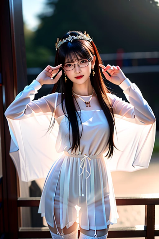 Shy woman on a rainy night,(8K 超高清、Digital SLR Camera、Soft Light、high quality、Volumetric Lighting、frank、photo、high resolution、4K、8K、Bokeh),(Rich details on the eyes and face,warm color, Very saturated colors,Show a charming smile, little cherry mouth, Balanced Eyes, Perfect facial features,Perfect face, Pretty Face, black eyes,Skin is transparent and visible, Shirasawa skin, cosmetic, (Glasses), earrings,Forehead chain,necklace, Jewelry,Headdress,Hair accessories),(Create stunning images of real girls, warm light, Dynamic poses, Elegant Posture, Cowboy lens, Full body front view,Look confident from the front,Body facing the camera,Standing pose facing the camera,Open your legs slightly,Golden Ratio Graphics,Minimalism, Athletic body) ,Chinese beautiful female model,Brown hair,Waist-length hair,Messy Hairstyle,,Gradient hairstyles,Cyberpunk hairstyle,(Transparent clothes:1.5),Red clothes,Thin clothes。Transparent mesh clothes,Transparent clothes,Transparent red swimsuit,(Sexy,Perfect breast shape、Very detailed breasts,34E cup),No underwear, (Super high waist,Waist hollow,Levain), Black socks, (Clear knee-length socks、Garter socks,Leg ring,garter、腿部garter,Waist ring), (Wet,Wet clothes)