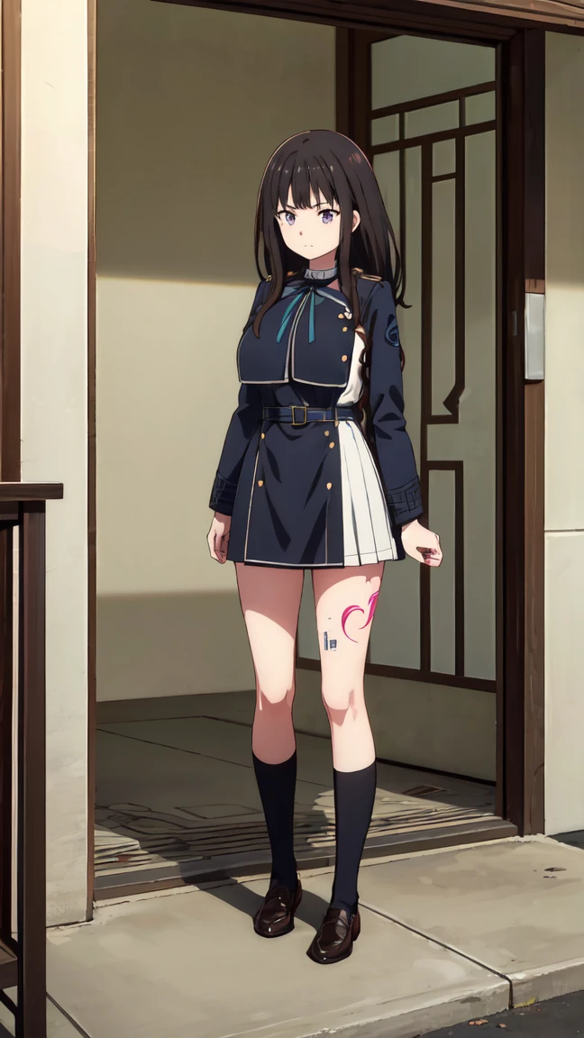 (((Pixel Perfect, Perfect in every detail))), alone, 1 personの女の子, Inoue Check, Licorice Uniform, View your viewers, Mouth closed, (((Pixel Perfect, Perfect in every detail))), alone, 1 person, Chisato Nishikigi, Uniform sake, Looking at the audience, 1 personの女の子, alone, chest, Neck ribbon, Collared shirt, Uniform sake, Two-tone micro mini dress, Blue Dress, Long sleeve, Red Belt, (((1 personの女の子))),(((alone))),(((1 person))).loafers、Black socks、女の子erson, whole body,(Looking up:1.4) alley, Contact us, Talk to your audience、Are Are standing、, 1 Girl}} Are standing,,{Show Viewer,, tattoo, High heels, saliva, tattoo、顔を強調するAre standing、Shaving, (下腹部のtattoo:1.5), (ハートのtattoo:1.5), (belly but ton: 1.1), 女の子1 pon, whole body,choker、slave、 Big Breasts、chestの膨らみ,big、Expressionless、(Blacknee-length socks:1.4)Micro Mini Skirt