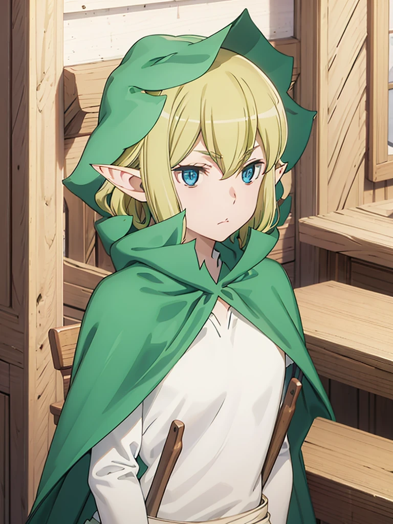 This_Ryu, 1 girl, blonde hair, One, Blue eyes, pointed ears, Cloak, elf, hair between eyes, closed mouth, upper body, anime coloring pages, bang, a parody, зеленый Cloak, Looking at the viewer, hood