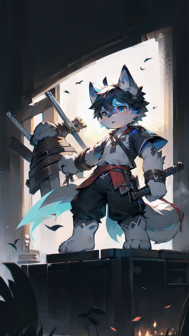 White Wolf,black hair,Sky blue eyes,hairy,Wolf ears,Wolf tail,Full body portrait,The character is in the center of the frame,Handsome,Confident eyes,male,juvenile,Black and white combat uniform,Red neck bib,Black shorts,Short sleeve,hairy arms and legs,Dark background,Dark battlefield,dawn,sunrise,dawn,illumination,shadow,Swordsman,Scabbard and sword,Hold the hilt of a sword in your hand,The scabbard is at the waist,Highest quality
