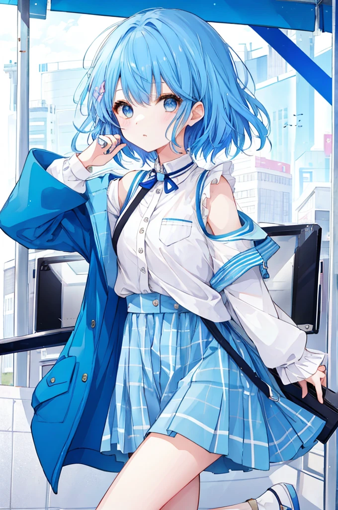 Girl、Blue hair short、Feminine fashion