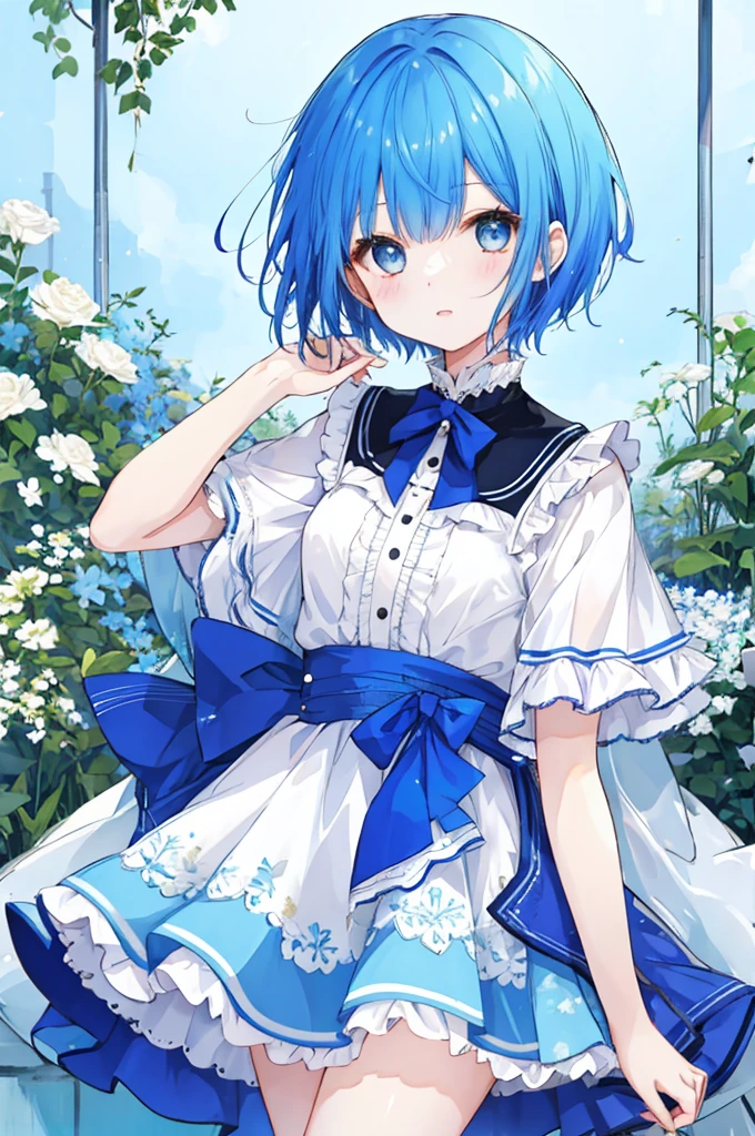 Girl、Blue hair short、Feminine fashion