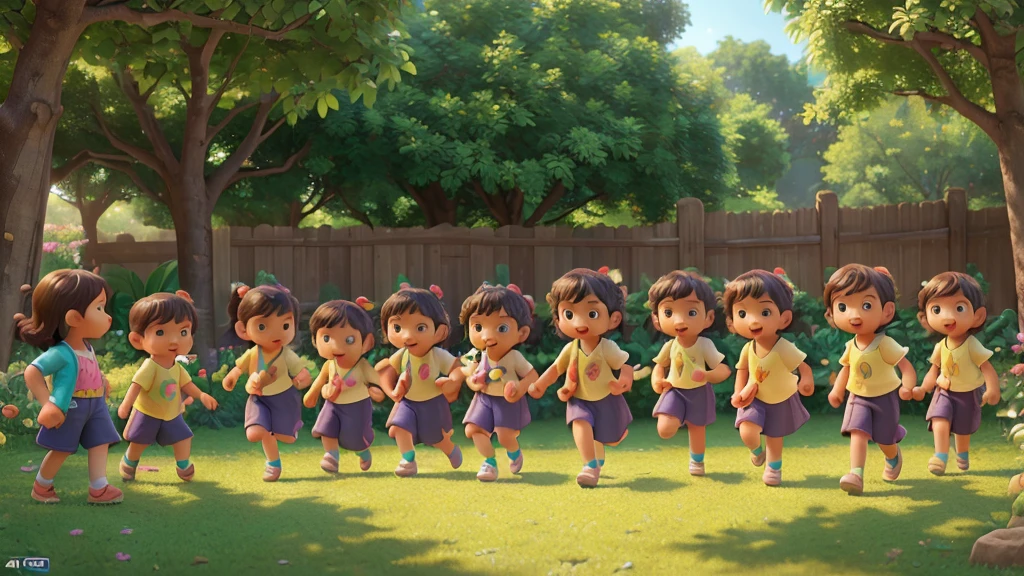 a young diverse group of , full body, cute expressions, playful, colorful clothes, vibrant colors, dynamic poses, lush garden background, natural lighting, (best quality,4k,8k,highres,masterpiece:1.2),ultra-detailed,(realistic,photorealistic,photo-realistic:1.37),highly detailed, cinematic composition, magical realism