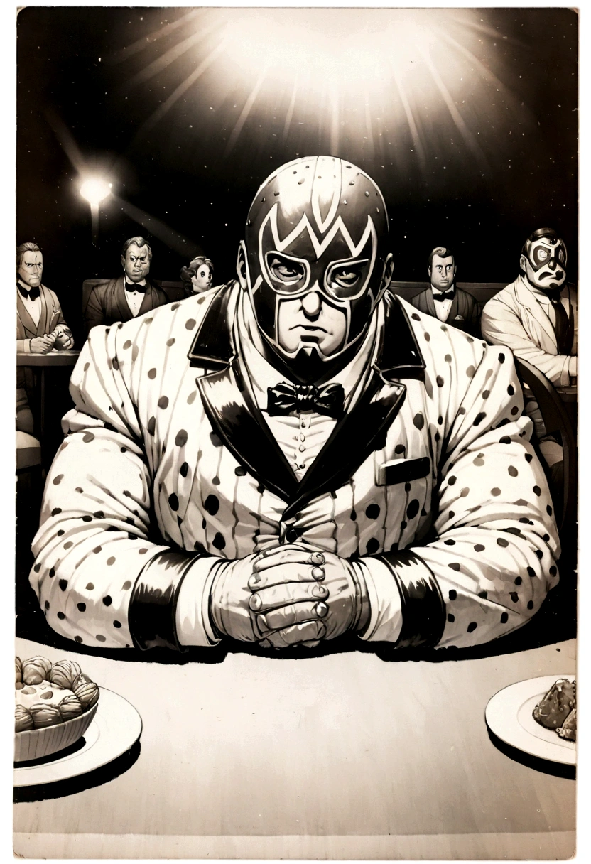 80s cartoon Illustration of a bulky man wearing a fancy suit and a full lucha libre wrestling mask, sitting at a dinner table