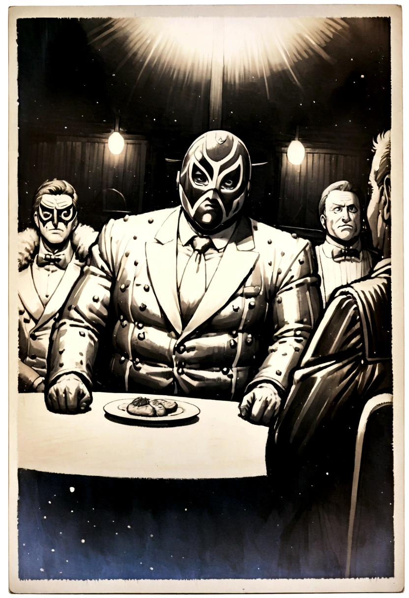 80s cartoon Illustration of a bulky man wearing a fancy suit and a full lucha libre wrestling mask, sitting at a dinner table