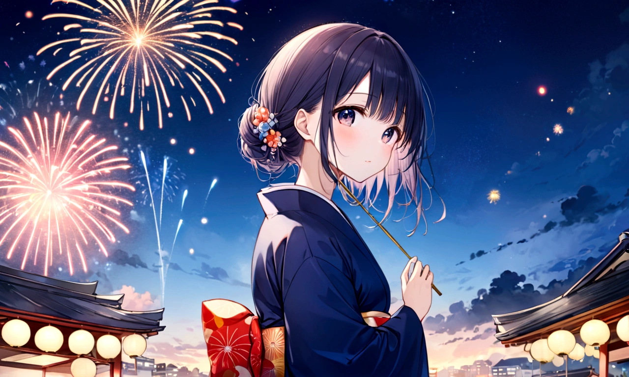 anime girl Navy blue yukata姿で outfit looking at fireworks in the sky, firework, Navy blue yukata姿で, [ fireworks in the sky ]!!, fireworks, Navy blue yukata姿で, Summer Festival Night, fireworks in the background, Navy blue yukata, Japanese Yukata, 色鮮やかなNavy blue yukataを着て, Digital anime illustration ,Navy blue yukataを着る, Anime-style illustrations, Navy blue yukataを着る