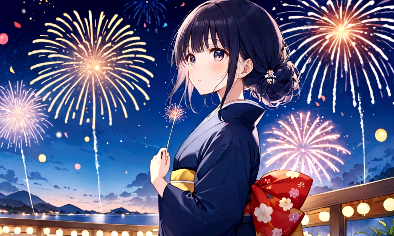 anime girl Navy blue yukata姿で outfit looking at fireworks in the sky, firework, Navy blue yukata姿で, [ fireworks in the sky ]!!, fireworks, Navy blue yukata姿で, Summer Festival Night, fireworks in the background, Navy blue yukata, Japanese Yukata, 色鮮やかなNavy blue yukataを着て, Digital anime illustration ,Navy blue yukataを着る, Anime-style illustrations, Navy blue yukataを着る
