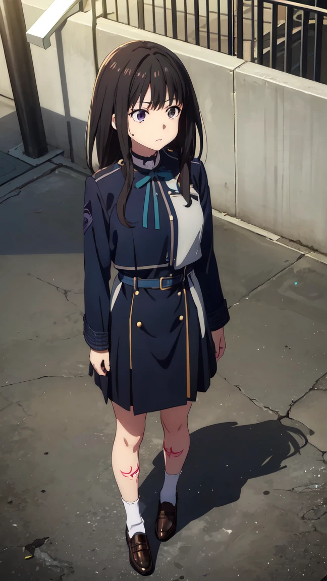 (((Pixel Perfect, Perfect in every detail))), alone, 1 personの女の子, Inoue Check, Licorice Uniform, View your viewers, Mouth closed, (((Pixel Perfect, Perfect in every detail))), alone, 女の子1 person, Chisato Nishikigi, Uniform sake, Looking at the audience, 1 personの女の子, alone, chest, Neck ribbon, Collared shirt, Uniform sake, Two-tone micro mini dress, Blue Dress, Long sleeve, Red Belt, (((1 personの女の子))),(((alone))),(((1 person))).loafers、Black socks、女の子1 person, whole body,(Looking up:1.4) alley, Contact us, Talk to your audience、Are Are standing、, 1 Girl}} Are standing,,{Show Viewer,, tattoo, High heels, saliva, tattoo、顔を強調するAre standing、Shaving, (下腹部のtattoo:1.5), (ハートのtattoo:1.5), (belly but ton: 1.1), 女の子1 person, whole body,choker、slave、 Big Breasts、chestの膨らみ,big、Expressionless、(Blacknee-length socks:1.4)Micro Mini Skirt
