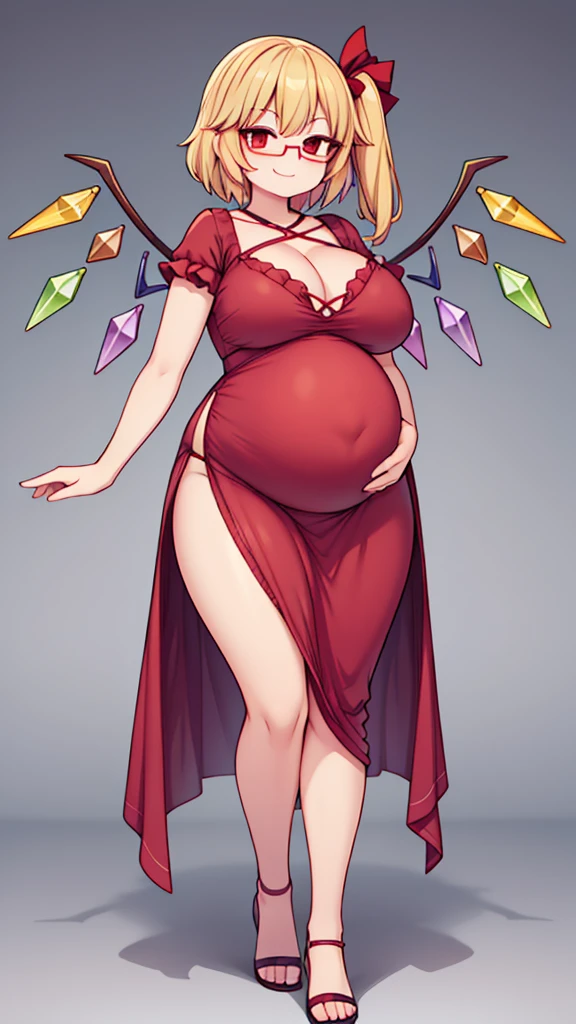 (Full body, glasses), An image of a pregnant Flandre scarlet with her belly on full display. She is a very voluptuous lady, she has a smug face