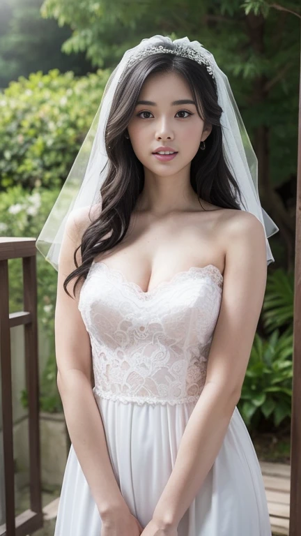 photo, photo realistic, (photorealistic:1.4), best quality, high quality, 4K, RAW, masterpiece, realistic lightning, beautiful face,
1girl, solo, (18 years old), (japanese:1.3), gravure idol, (medium breasts),
black hair, (medium hair:1.2), (wavy hair:1.2),
((light) pink lips:1.3), closed mouth, (smiling:0.8),
(bride:1.2), (((white)) wedding lace dress:1.2), wedding veil,
looking at viewer, (upper body), (beautiful arms:1.2), (front view),
BRAKE,
(outdoors:1.4),