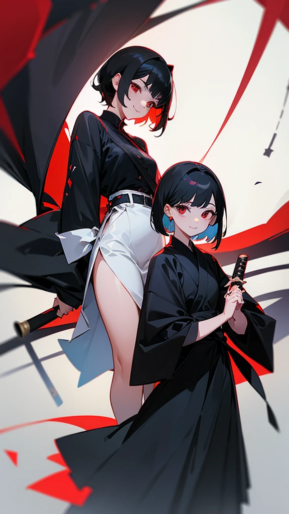 Masterpiece, two women, sixpack, katana, black hair, smile, cute, dress, long hair, short hair, black eyes and red eyes