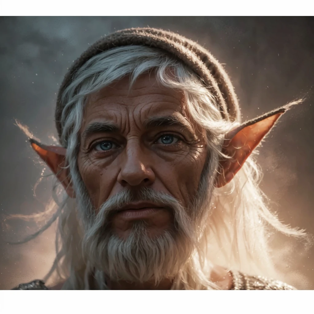 Complete and real image. On a planet in another galaxy there is an old elf, standing, facing forward, looking to the side with a tender gaze, dressed in very baggy clothes. Photorealism, full view, highly detailed image, very realistic, hyperrealism, Ultra HD, 8k, 5, sharp focus, intricate and mysterious masterpiece. (Long exposure photography Highly detailed close-up portrait art illustration: final quality, medium shot, backlit, Rich and eye-catching. Enigmatic and mysterious manipulations (composition of the rule of thirds), ((detailed environment with strong lines) The best quality, in camera, white light, warm and clean aesthetics, dazzling screen composed of millions of brilliant ultraviolet rays, HDR.