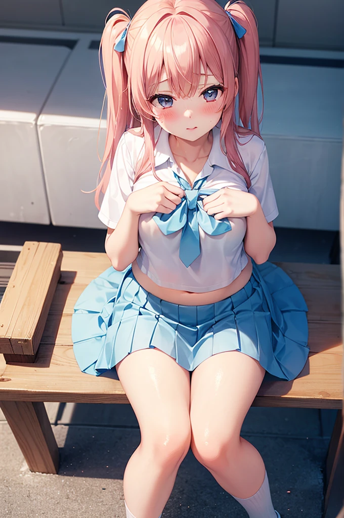 From above, (Squint your eyes:1.2), close, One Girl, blush, sit, nsfw,beautiful girl,Wear a uniform, Light blue skirt, Anime move,Two Side Up、(Gloss Lip)
