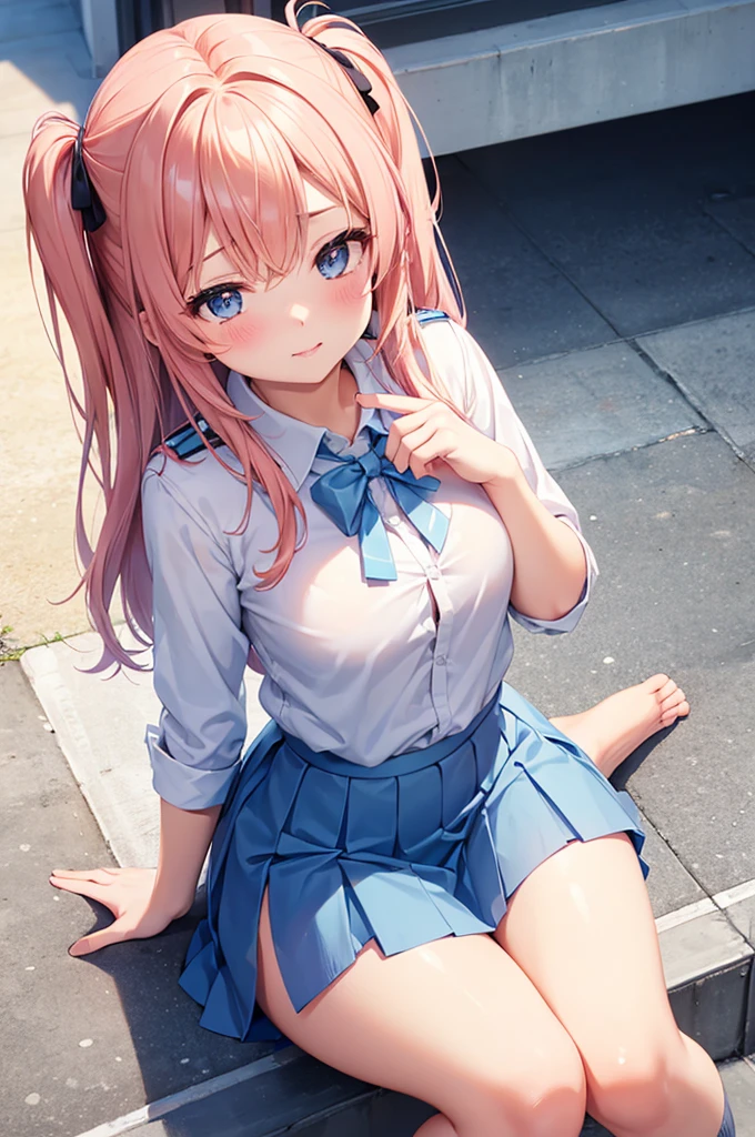 From above, (Squint your eyes:1.2), close, One Girl, blush, sit, nsfw,beautiful girl,Wear a uniform, Light blue skirt, Anime move,Two Side Up、(Gloss Lip)