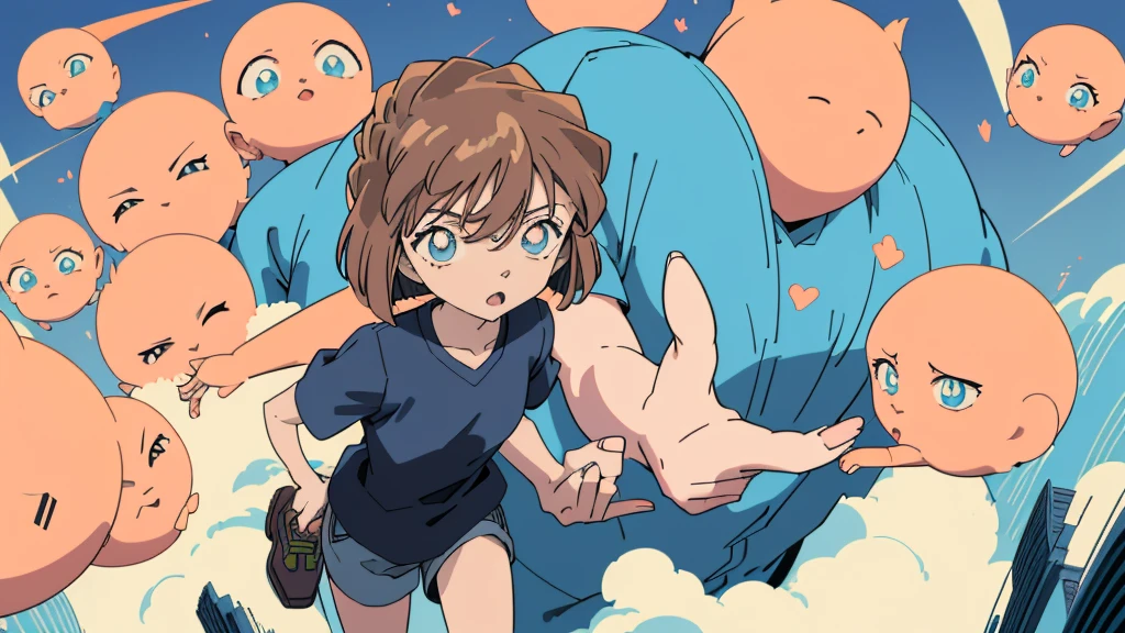 anime style, (1girl in, Solo:1.0), (Haibara Ai), ((Short pants)), (((Big eyes))), (Cute anime girl head), (flat chest),looking at viewer,With a height of 100cm, shoot from front, (head shot), Simple line minimalism, Abstract Art, City background, anime opening movie