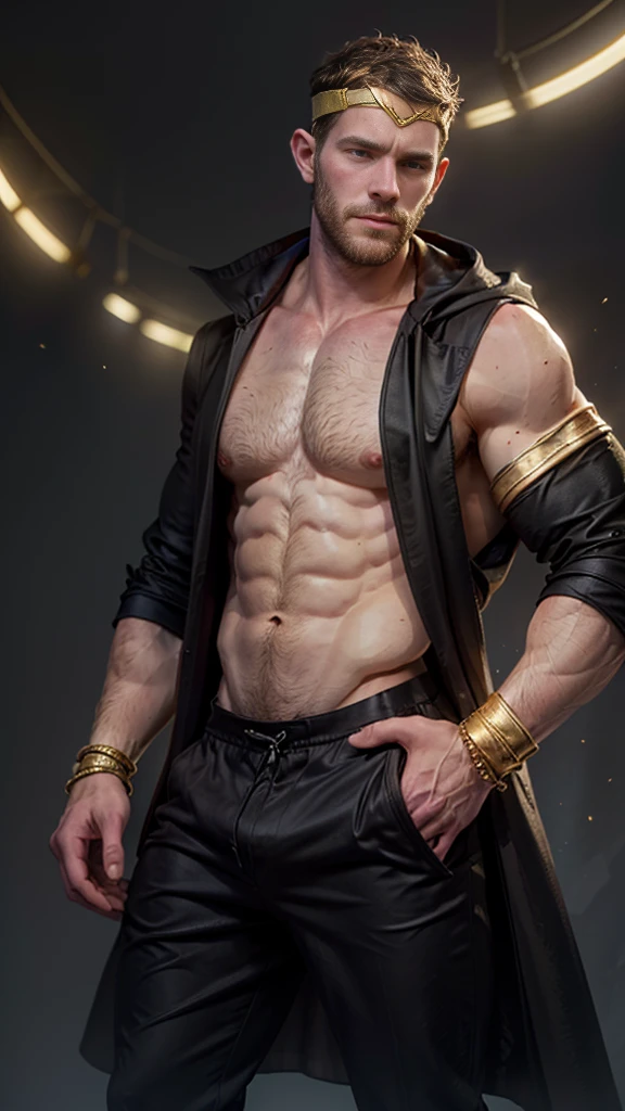 Masterpiece, denoise, void noise, one man, best quality, 8k resolution, male focus, focus only, amazing composition, volumetric lighting, super quality, elegant, Very detailed, , front view, facing viewer, -----------, 35 years old, mature face, muscular, Caucasian, (((white skin, pale skin))), handsome, (detailed light-blue eyes), ((light blonde hair, messy medium hairstyle)), big ears, (hairy pectorals, thick plenty chest and body hair), (medium long beard), (((((Jim Sturgess mixed with Russell Tovey))))), (((big nipples, perky nipples))), ------------, ((((detailed black wizard trousers and black wizard coat, shirtless)))), ((((holding his chest, rubbing chest)))), (((gold armlet, gold circlet, gold bracelets)))