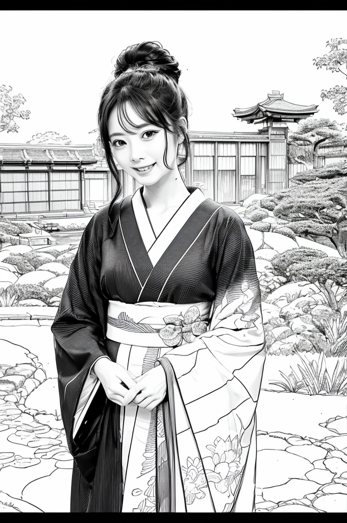 Please create a realistic ukiyo-e illustration of a cute, smiling woman in a kimono that conveys Japanese culture in various poses with (a Japanese garden in the background:1.5), using a simple black and white coloring book that even children can do. The illustration is a illustration with detailed facial features and cartoon-style visuals, (high contrast, sketch, monochrome, clean line drawings for coloring book:1.5)