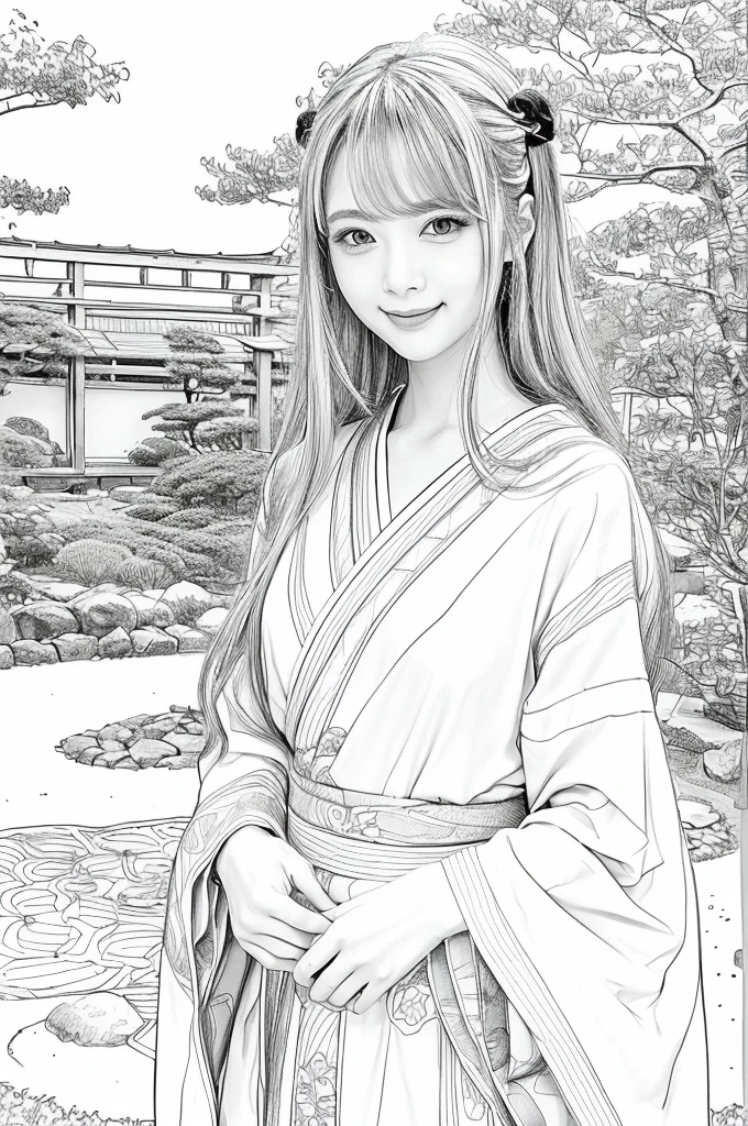 Please create a realistic ukiyo-e illustration of a cute, smiling woman in a kimono that conveys Japanese culture in various poses with (a Japanese garden in the background:1.5), using a simple black and white coloring book that even children can do. The illustration is a illustration with detailed facial features and cartoon-style visuals, (high contrast, sketch, monochrome, clean line drawings for coloring book:1.5)