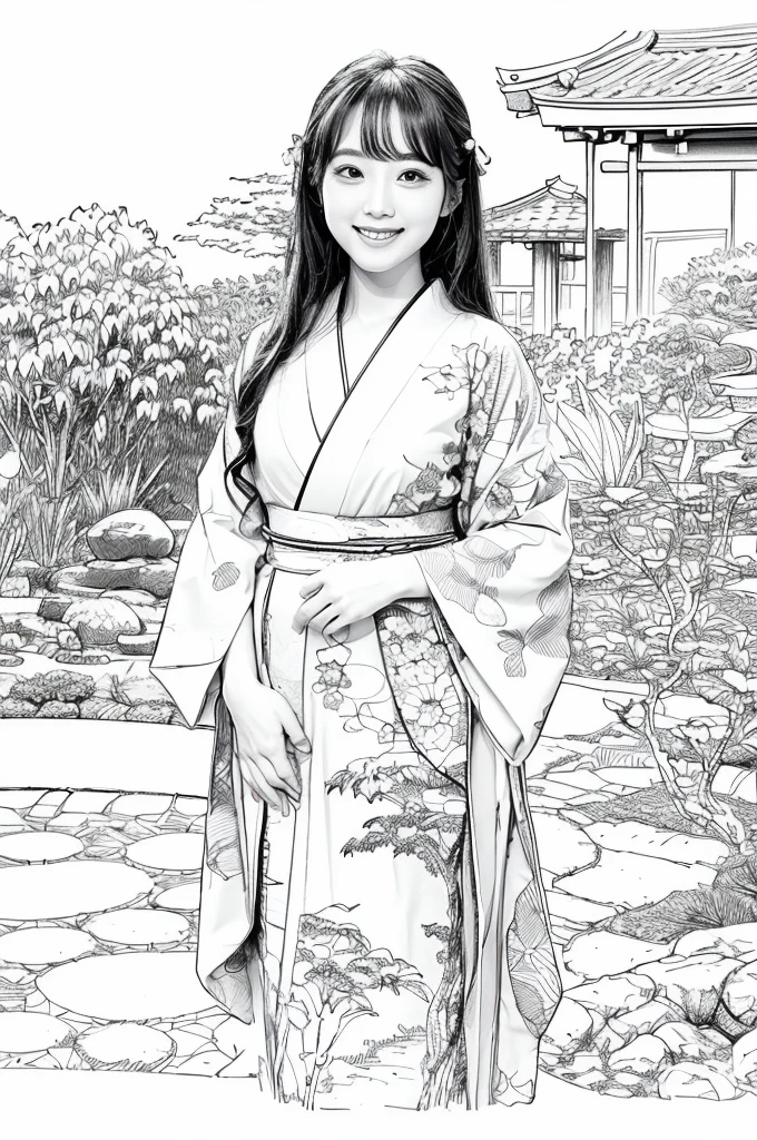 Please create a realistic ukiyo-e illustration of a cute, smiling woman in a kimono that conveys Japanese culture in various poses with (a Japanese garden in the background:1.5), using a simple black and white coloring book that even children can do. The illustration is a illustration with detailed facial features and cartoon-style visuals, (high contrast, sketch, monochrome, clean line drawings for coloring book:1.5)