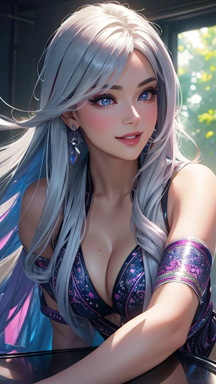 (best quality,ultra-detailed,photo-realistic:1.37),bright and vibrant colors,studio lighting,playful expression,stylish makeup,long silver hair flowing in the wind,alluring eyes,glossy lips,sexy pose, Lily, smiling in a confident and seductive way,posing for a professional photoshoot,shallow depth of field,highlighting the main subject,soft natural lighting,creating a dreamy and magical atmosphere.