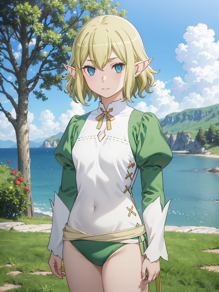 This_Ryu, pointed ears, on open air, Blue eyes, 1 girl, One, blonde hair, tree, sky, day, Looking at the viewer, short hair, cloud, blue sky, upper body, elf, long sleeves, hair between eyes