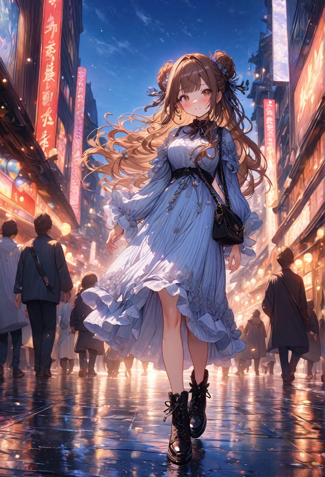 ((masterpiece:0), best quality, very aesthetic, newest, absurdres, detailed, high quality)
BREAK
highest quality, top quality, details, highres, ultra fine painting, digital art, official art, cinematic, 4k, 8k resolution, 8K CG wallpaper, CG, original artwork, detailed background, colorful background, blue atmosphere, High Dynamic Range, blurry background, blue hour, Starburst effects, crepuscular rays, good ISO, high resolution, wide shot, from far away, RAW photo, POV, sharp focus, light reflection, reflections, intricate details, soft light, particle noise, professional photography, bokeh, depth of field, natural lighting, vibrant colors, looking away, detailed lights and shadows, stylish, ultra-detailed, top rated on Pixiv, trending on Artstation, niji style, modern-days, master crafted, pose
BREAK
solo, 1girl, a girl, correct fingers, detailed hair, (medium big breasts:1.2), big thighs, short torso, short body, flushtered, blush, anxious expression, casual, slim, ((cute, childlike face):1.3), nice hips, nice body, brown hair, (long flowing hair:1.1), big 2 buns hairstyle, long bangs, long hair, middle hair bangs, brown eyes
BREAK
((fashion style wear:1.5), accessories, outfit ornaments, shoulder bag, (full body:1.3)) 
BREAK
a close up of a person walking down a street with a crowd of people, crowded street, crowded streets, in front of a large crowd, giant crowd, girl walking through city, people walking down a street