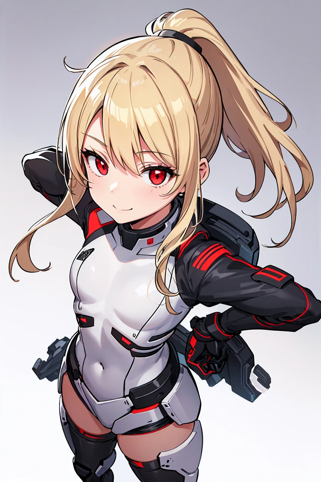 whole body,Standing posture, (alone,Beautifully arranged hair,,Blonde,ponytail,) (One girl, Small breasts,Lori,Red eyes), (beautifully drawn face:1.2) (Prison uniform,Sci-Fi Suit) A determined smile,Cool pose,(White background) 