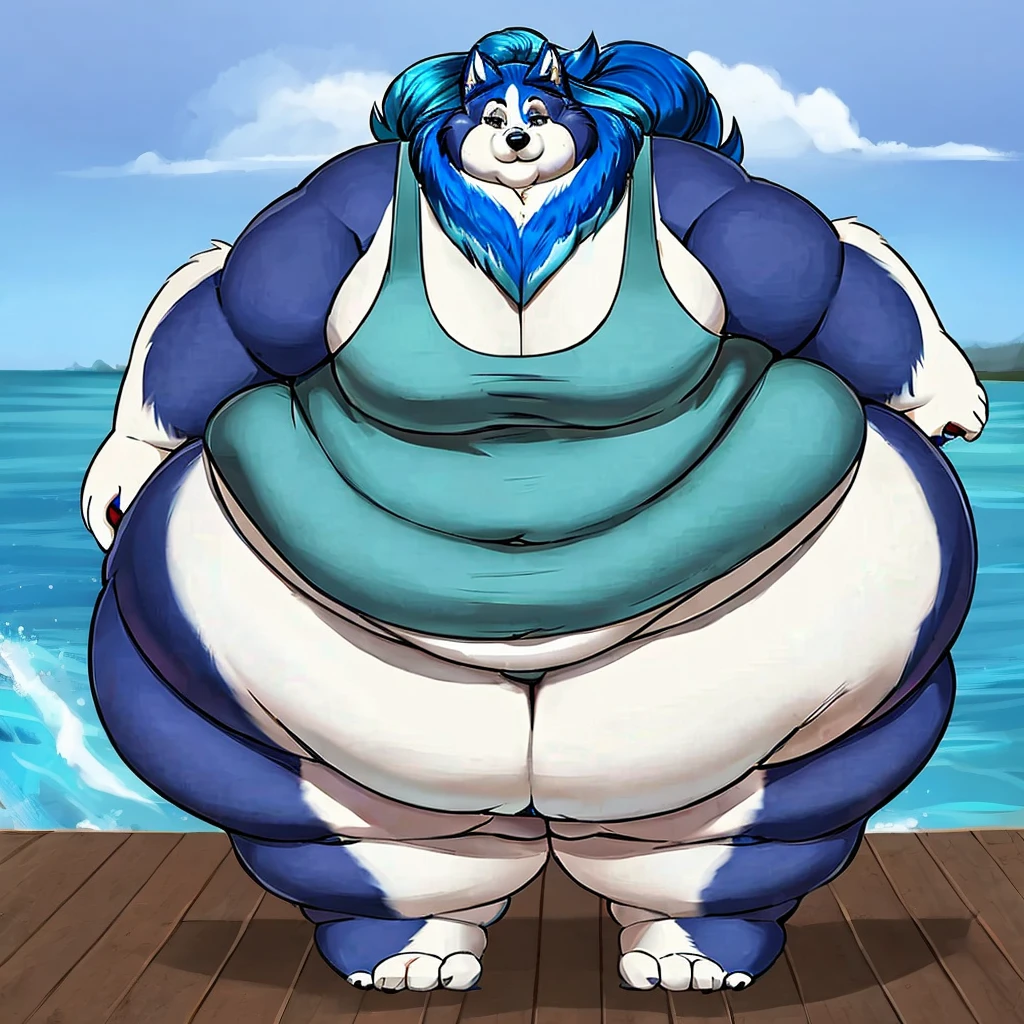 Malamute, female, long blue hair, black and blue body,, huge hips, huge thighs, plump, voluptuous,obese, gorgeous, beautiful, eyelashes, tank top, shorts,fat arms, fat legs, belly rolls, fat rolls, hip fat rolls, double chin, chubby cheeks , barefoot ,big saggy breasts
