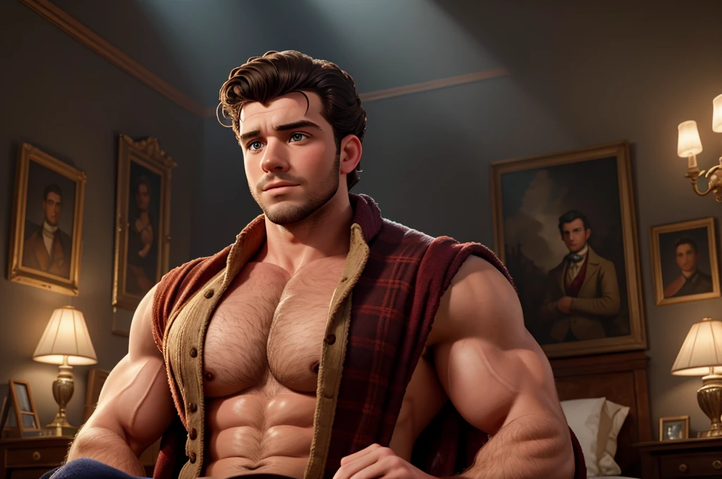 male, british, regency era, bridgerton, jonathan bailey, anthony bridgerton lookalike, big muscles, big pecs, hairy chest, handsome face, wearing regency era silk sleepwear, chiaroscuro lighting, dramatic shadows, hyper-realistic, award winning portrait, highly detailed, 8k, photorealistic, dramatic dramatic lighting, cinematic, award winning, striking pose, classical oil painting, warm color palette