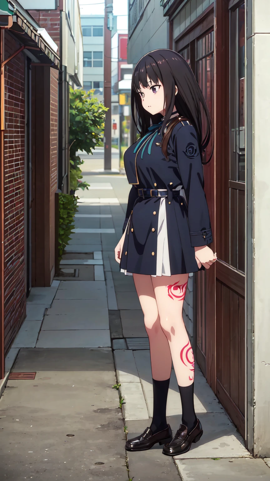 (((Pixel Perfect, Perfect in every detail))), alone, 1 personの女の子, Inoue Check, Licorice Uniform, View your viewers, Mouth closed, (((Pixel Perfect, Perfect in every detail))), alone, 女の子1 person, Chisato Nishikigi, Uniform sake, Looking at the audience, 1 personの女の子, alone, chest, Neck ribbon, Collared shirt, Uniform sake, Two-tone micro mini dress, Blue Dress, Long sleeve, Red Belt, (((1 personの女の子))),(((alone))),(((1 person))).loafers、Black socks、女の子1 person, whole body,(Low - Angle:1.4) alley, Contact us, Talk to your audience、Are Are standing、, 1 Girl}} Are standing,,{Show Viewer,, tattoo, High heels, saliva, tattoo、顔を強調するAre standing、Shaving, (下腹部のtattoo:1.5), (ハートのtattoo:1.5), (belly but ton: 1.1), 女の子1 person, whole body,choker、slave、 Big Breasts、chestの膨らみ,big、Expressionless、(Blacknee-length socks:1.4)Micro Mini Skirt