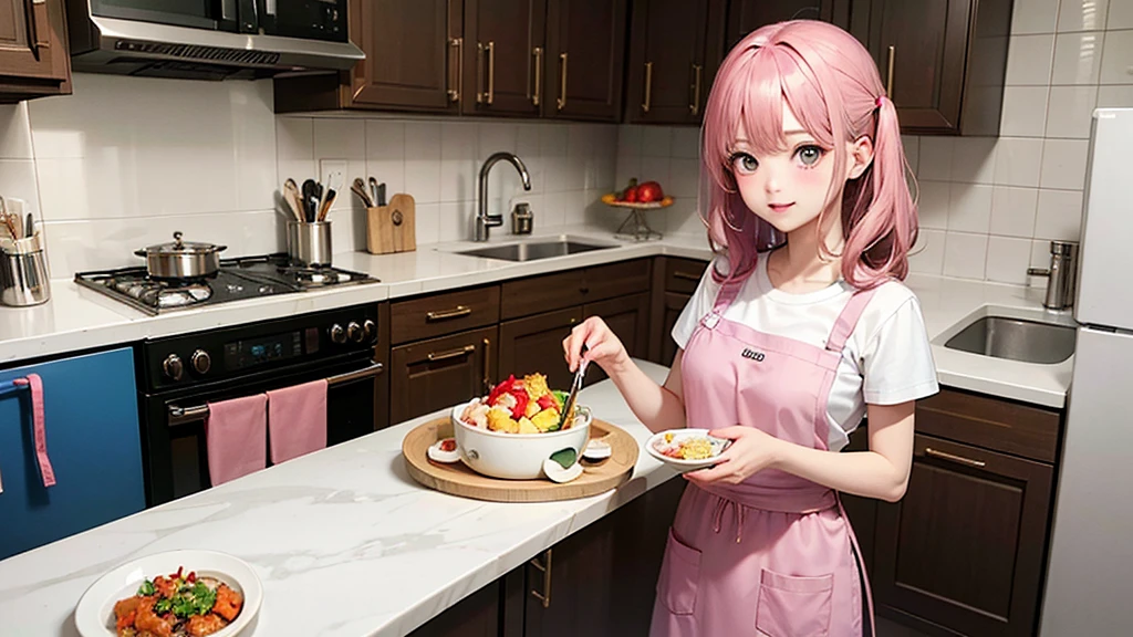 kitchenで料理をしているアニメの女の子, 昼間のkitchen, Anime Style 4k, Girl in pink apron, kitchen, anime art wallpaper 4k, anime art wallpaper 4k, Anime Art Wallpapers 8K, LOFI Girl, 昼間のkitchen, She is wearing a white T-shirt under her pink apron., Summer concept art, Digital anime illustration, Anime atmosphere, 4k anime wallpaper
