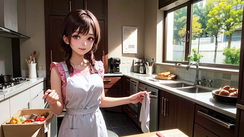 kitchenで料理をしているアニメの***, 昼間のkitchen, Anime Style 4k, Girl in pink apron, kitchen, anime art wallpaper 4k, anime art wallpaper 4k, Anime Art Wallpapers 8K, LOFI Girl, 昼間のkitchen, She is wearing a white T-shirt under her pink apron., Summer concept art, Digital anime illustration, Anime atmosphere, 4k anime wallpaper