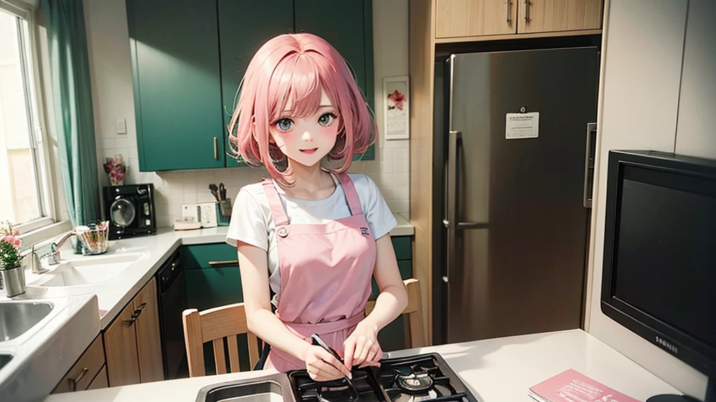 kitchenで料理をしているアニメの女の子, 昼間のkitchen, Anime Style 4k, Girl in pink apron, kitchen, anime art wallpaper 4k, anime art wallpaper 4k, Anime Art Wallpapers 8K, LOFI Girl, 昼間のkitchen, She is wearing a white T-shirt under her pink apron., Summer concept art, Digital anime illustration, Anime atmosphere, 4k anime wallpaper