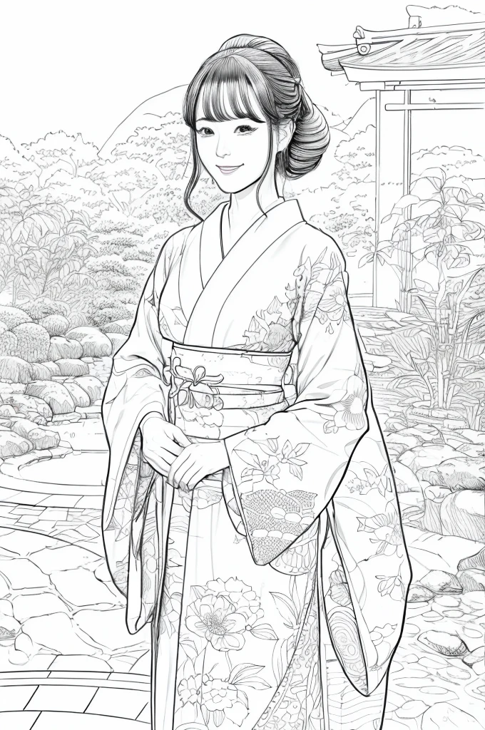 Please create a realistic ukiyo-e illustration of a cute, smiling woman in a kimono that conveys Japanese culture in various poses with (a Japanese garden in the background:1.5), using a simple black and white coloring book that even children can do. The illustration is a illustration with detailed facial features and cartoon-style visuals, (high contrast, sketch, monochrome, clean line drawings for coloring book:1.5)