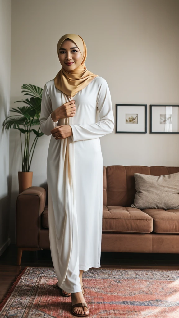 Woman in white hijab, abaya dress, standing in the kitchen, facing to viewer, feminine pose, serene expression, detailed face, detailed clothes, detailed background, warm ambience, bright lighting, natural lighting, 4k, high quality, high resolution, masterpiece