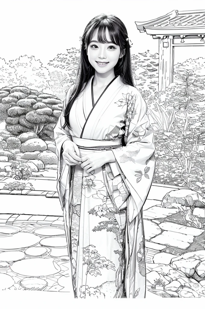 Please create a realistic ukiyo-e illustration of a cute, smiling woman in a kimono that conveys Japanese culture in various poses with (a Japanese garden in the background:1.5), using a simple black and white coloring book that even children can do. The illustration is a illustration with detailed facial features and cartoon-style visuals, (high contrast, sketch, monochrome, clean line drawings for coloring book:1.5)