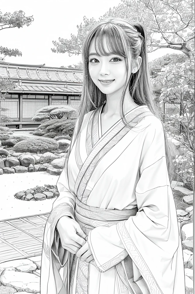 Please create a realistic ukiyo-e illustration of a cute, smiling woman in a kimono that conveys Japanese culture in various poses with (a Japanese garden in the background:1.5), using a simple black and white coloring book that even children can do. The illustration is a illustration with detailed facial features and cartoon-style visuals, (high contrast, sketch, monochrome, clean line drawings for coloring book:1.5)