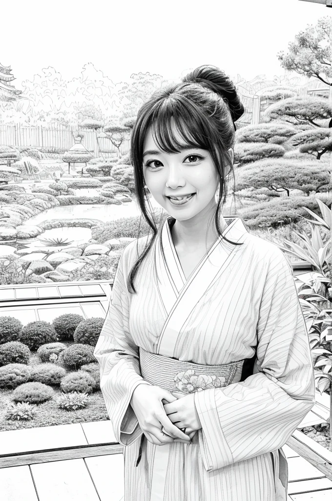 Please create a realistic ukiyo-e illustration of a cute, smiling woman in a kimono that conveys Japanese culture in various poses with (a Japanese garden in the background:1.5), using a simple black and white coloring book that even children can do. The illustration is a illustration with detailed facial features and cartoon-style visuals, (high contrast, sketch, monochrome, clean line drawings for coloring book:1.5)
