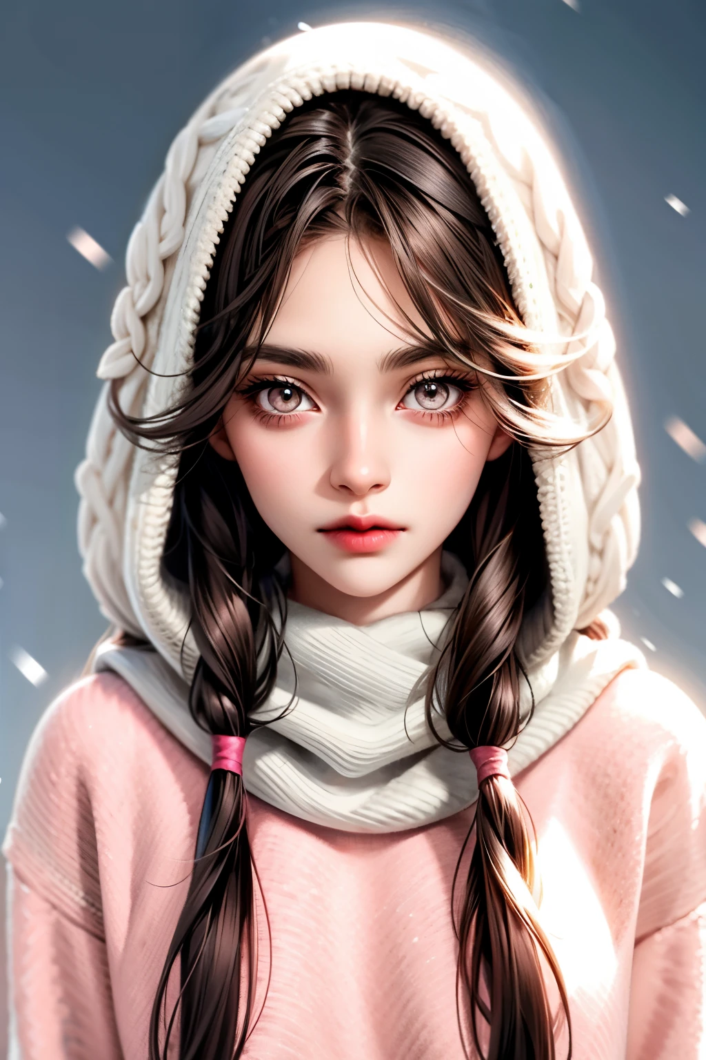 Girl, long straight brown hair, dark gray eyes, sharp features, snow-white skin, bright pink lips, beautiful, perfect, sweater