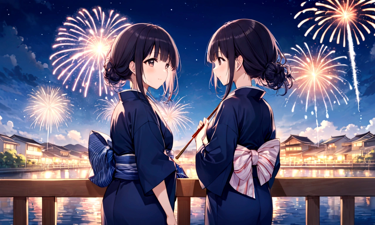 anime girl Navy blue yukata姿で outfit looking at fireworks in the sky, firework, Navy blue yukata姿で, [ fireworks in the sky ]!!, fireworks, Navy blue yukata姿で, Summer Festival Night, fireworks in the background, Navy blue yukata, Japanese Yukata, 色鮮やかなNavy blue yukataを着て, Digital anime illustration ,Navy blue yukataを着る, Anime-style illustrations, Navy blue yukataを着る