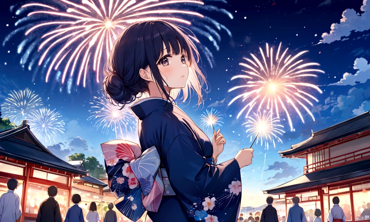 anime girl Navy blue yukata姿で outfit looking at fireworks in the sky, firework, Navy blue yukata姿で, [ fireworks in the sky ]!!, fireworks, Navy blue yukata姿で, Summer Festival Night, fireworks in the background, Navy blue yukata, Japanese Yukata, 色鮮やかなNavy blue yukataを着て, Digital anime illustration ,Navy blue yukataを着る, Anime-style illustrations, Navy blue yukataを着る