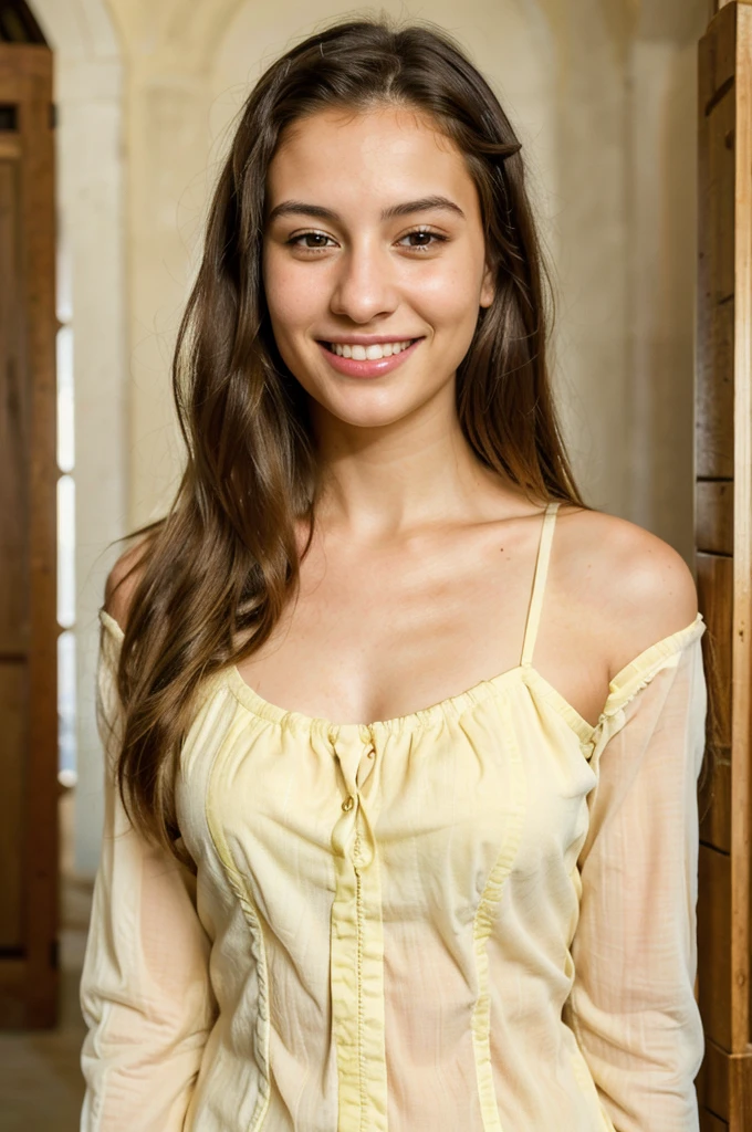 a beautiful young 20 year old woman, one girl, detailed face, cute smile, bright yellow shirt, modest, skinny face, light brown eyes, long black/blonde hair, white teeth, attractive Arab Jordanian woman, (best quality,4k,8k,highres,masterpiece:1.2),ultra-detailed,(realistic,photorealistic,photo-realistic:1.37),portrait,high quality digital art