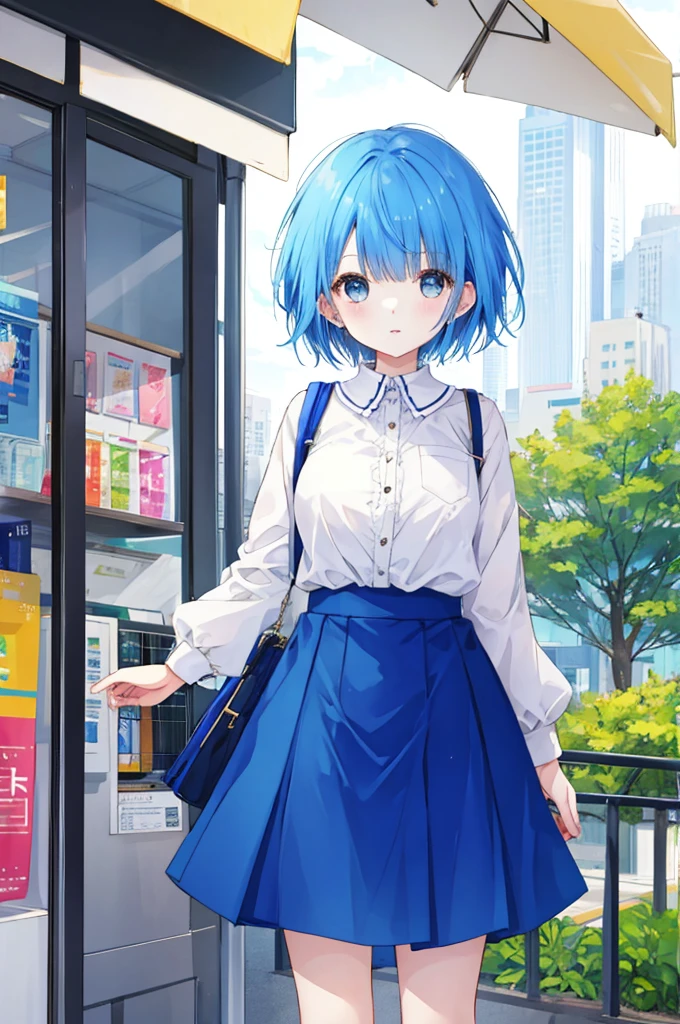 Girl、Blue hair short、Feminine fashion